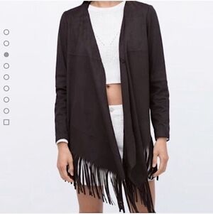 Zara Faux Suede Fringe Open Cardigan Jacket black size S